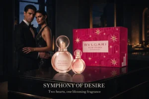 Bvlgari Rose Goldea Blossom Delight perfume bottle next to its travel size spray on a plain background.