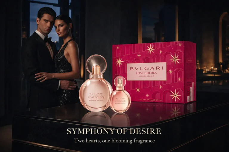 Bvlgari Rose Goldea Blossom Delight perfume bottle next to its travel size spray on a plain background.