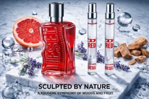 A 3-piece Diesel D Red perfume set with a large red bottle and two small travel sprays.