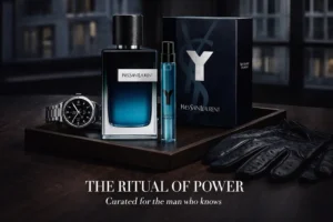 Two blue bottles of YSL Y Eau De Parfum in different sizes on a clean surface.