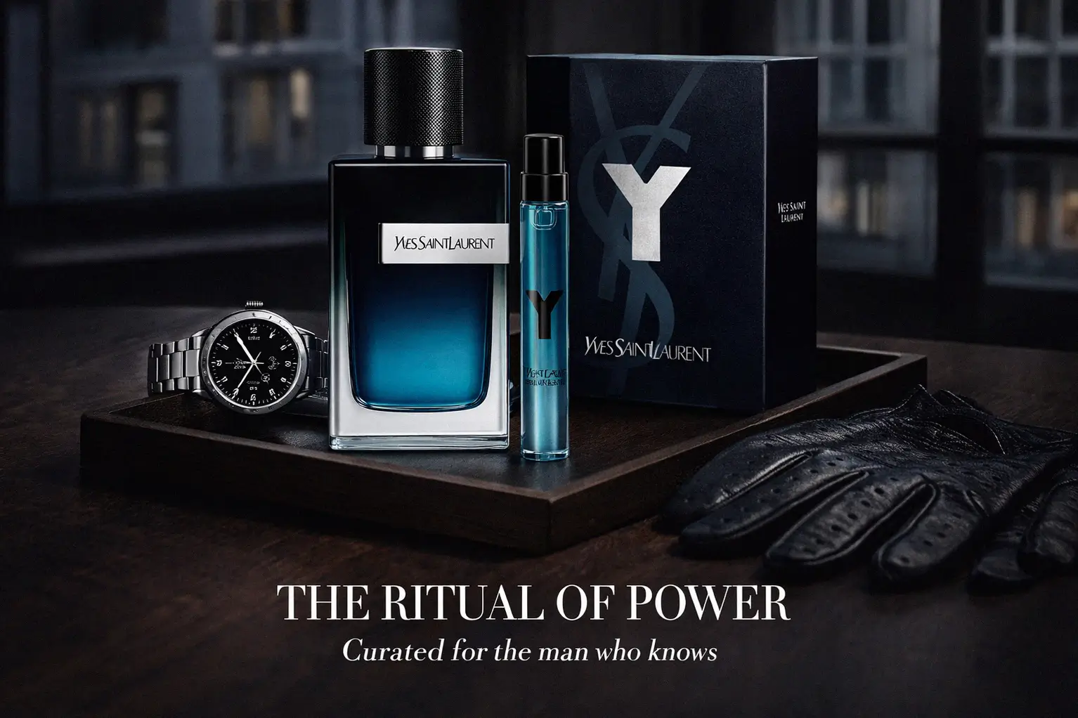 Two blue bottles of YSL Y Eau De Parfum in different sizes on a clean surface.