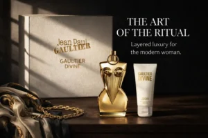 Jean Paul Gaultier Divine gift set featuring the gold corset bottle and matching white lotion tube.