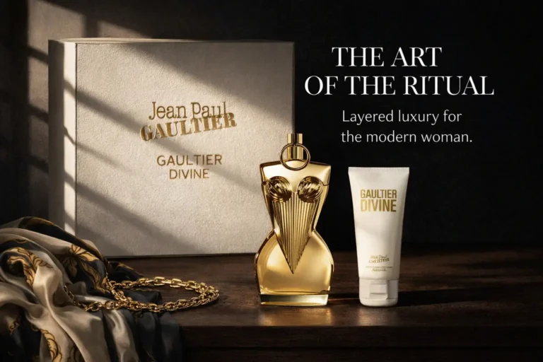 Jean Paul Gaultier Divine gift set featuring the gold corset bottle and matching white lotion tube.