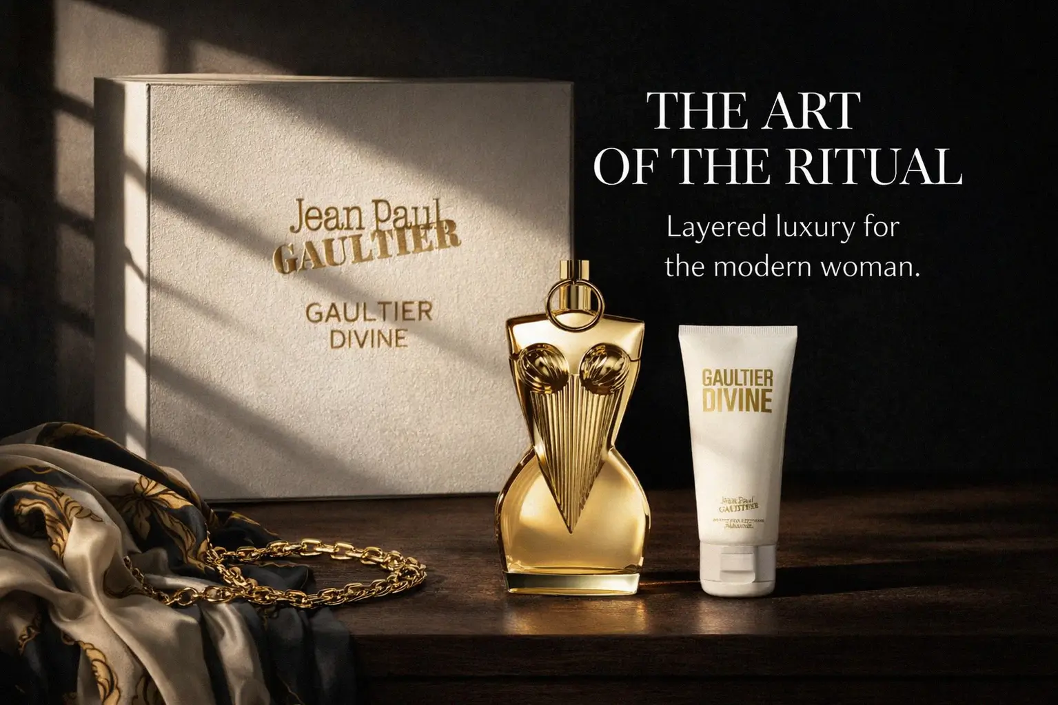 Jean Paul Gaultier Divine gift set featuring the gold corset bottle and matching white lotion tube.