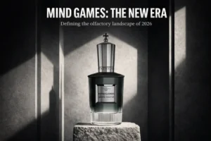 A 3.4 oz bottle of Mind Games Grand Master perfume on a minimalist vanity.