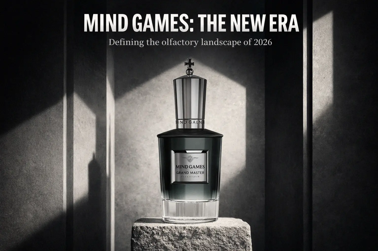 A 3.4 oz bottle of Mind Games Grand Master perfume on a minimalist vanity.