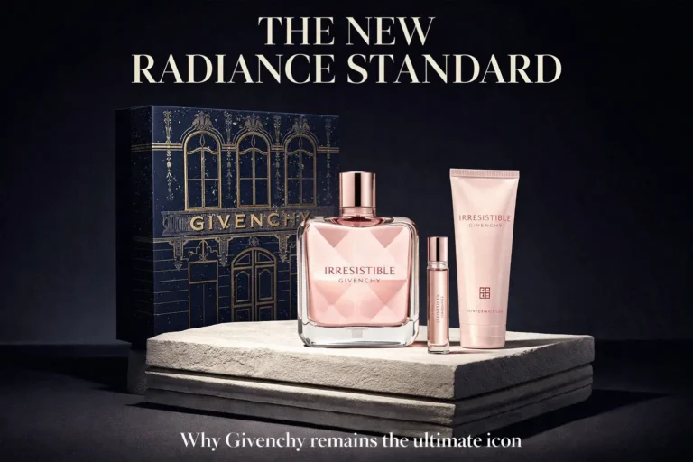 Three-piece Givenchy Irresistible gift set including a large pink perfume bottle, travel spray, and lotion.