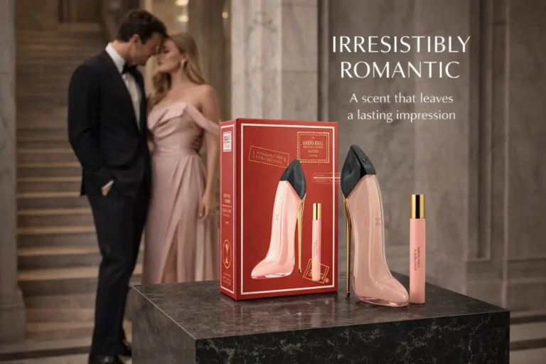 Pastel pink stiletto perfume bottle next to a small travel spray on a clean background.