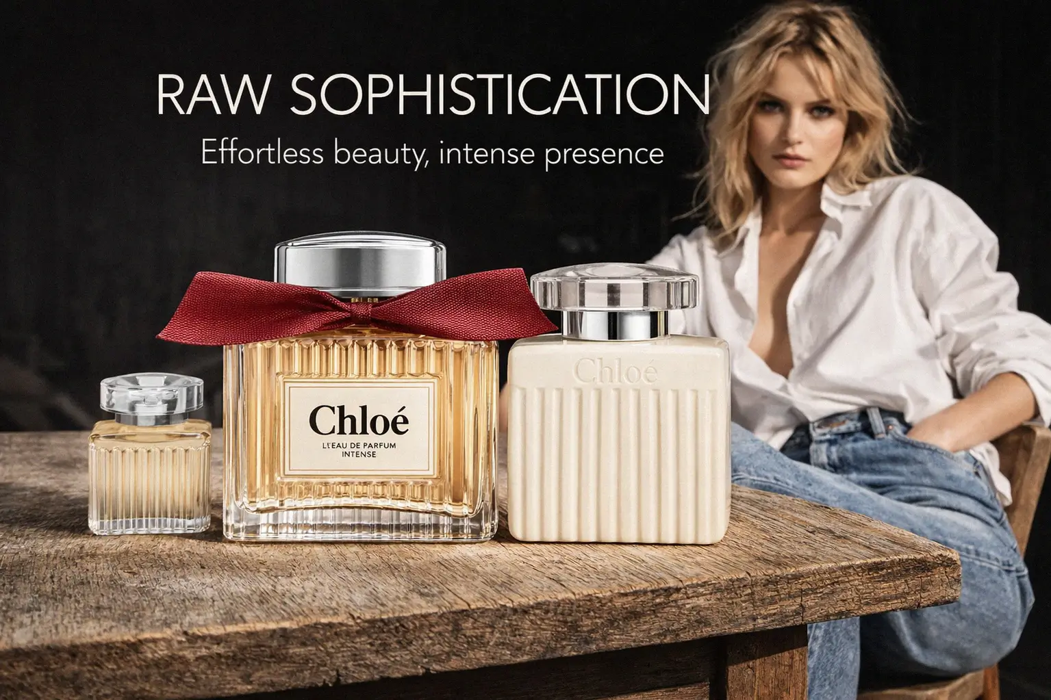 Chloé perfume gift set with a pleated glass bottle, garnet ribbon, and matching body lotion on a clean surface.