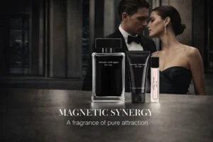 A black Narciso Rodriguez perfume bottle with a pink gift box and lotion.