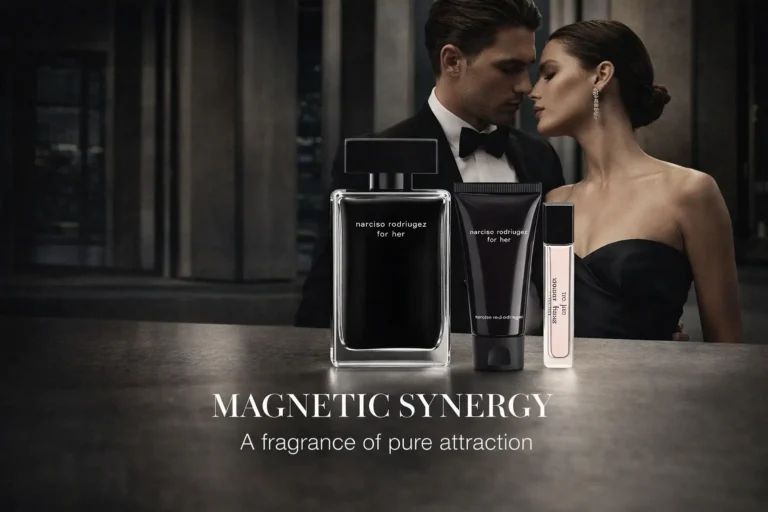 A black Narciso Rodriguez perfume bottle with a pink gift box and lotion.