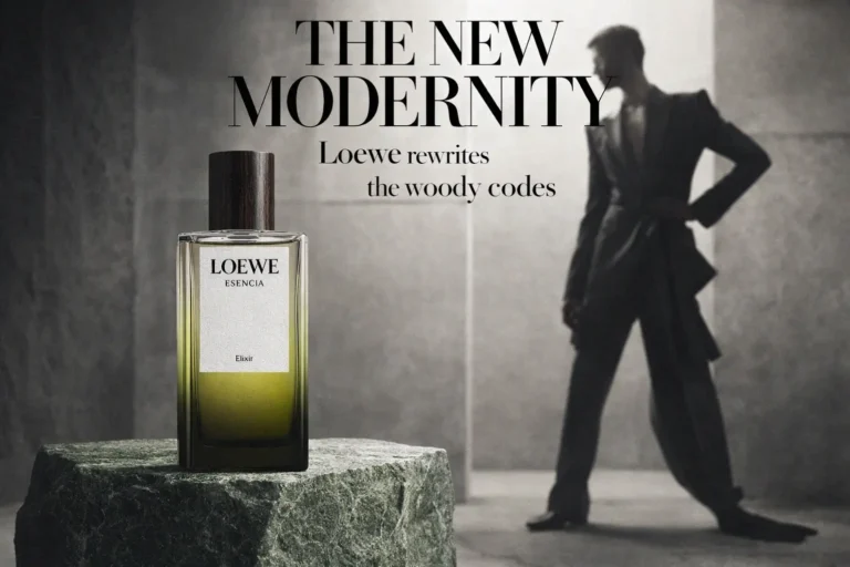 A green gradient glass perfume bottle with a dark wood stopper sits on a minimalist surface.