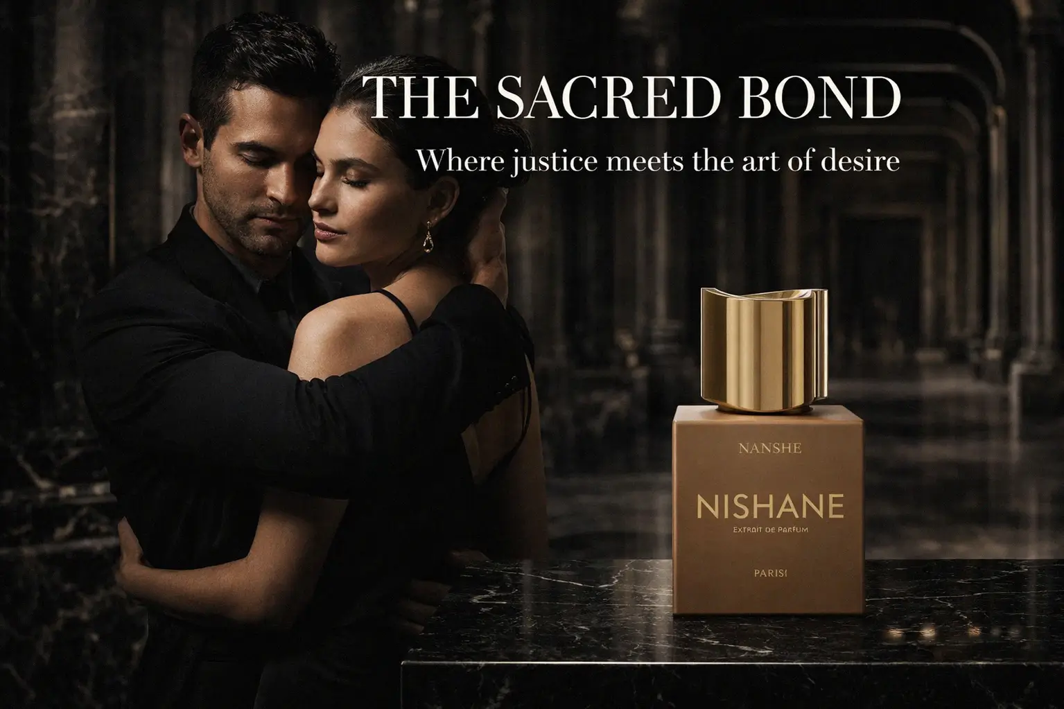 A 3.4oz Nishane Nanshe perfume bottle with a minimalist gold label on a thick glass base.