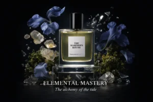 A small glass bottle of Francesca Bianchi The Mariner's Rhyme Extrait de Parfum on a minimalist stone surface.