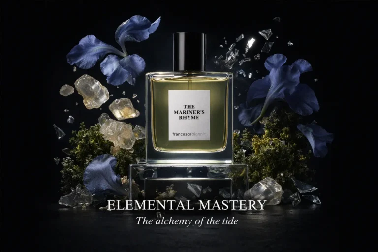 A small glass bottle of Francesca Bianchi The Mariner's Rhyme Extrait de Parfum on a minimalist stone surface.