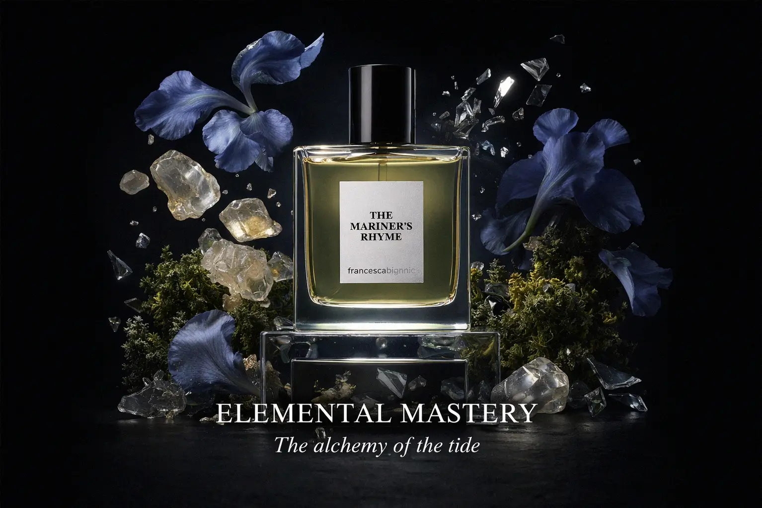 A small glass bottle of Francesca Bianchi The Mariner's Rhyme Extrait de Parfum on a minimalist stone surface.
