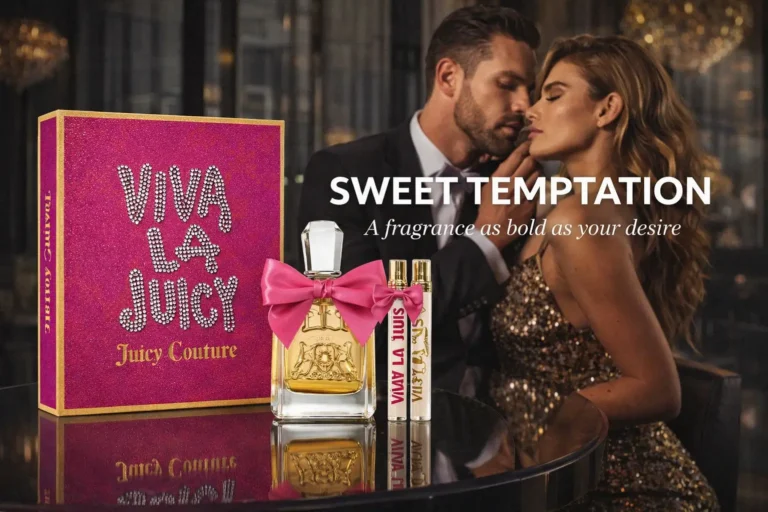 A pink Juicy Couture Viva La Juicy perfume bottle with a large bow next to two travel spray pens.