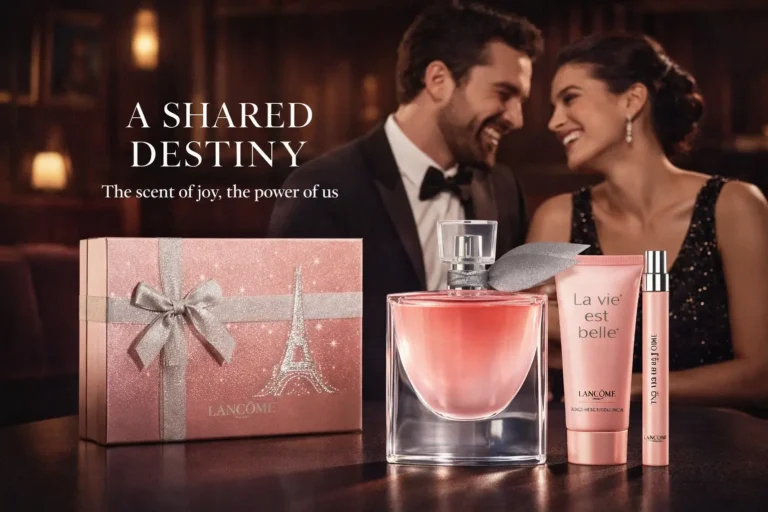Three-piece Lancome fragrance set with a large glass perfume bottle, travel spray, and white lotion tube.