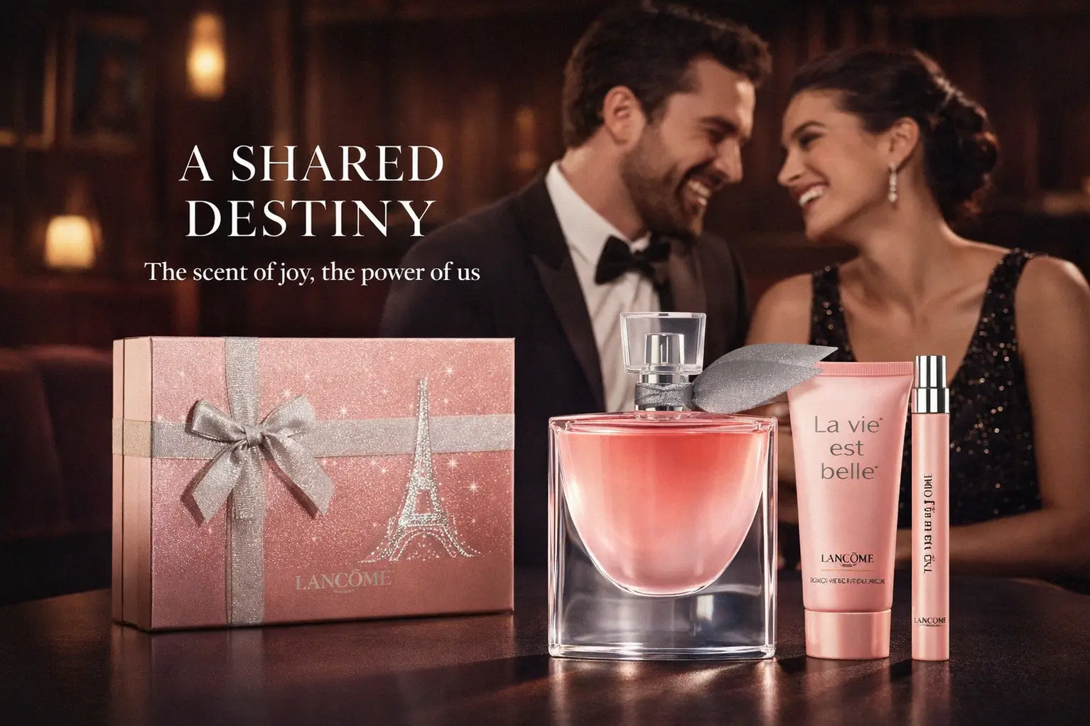 Three-piece Lancome fragrance set with a large glass perfume bottle, travel spray, and white lotion tube.