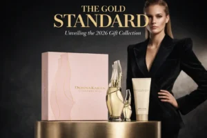 Three-piece Donna Karan perfume set with a large clear bottle, travel mini, and white lotion tube.