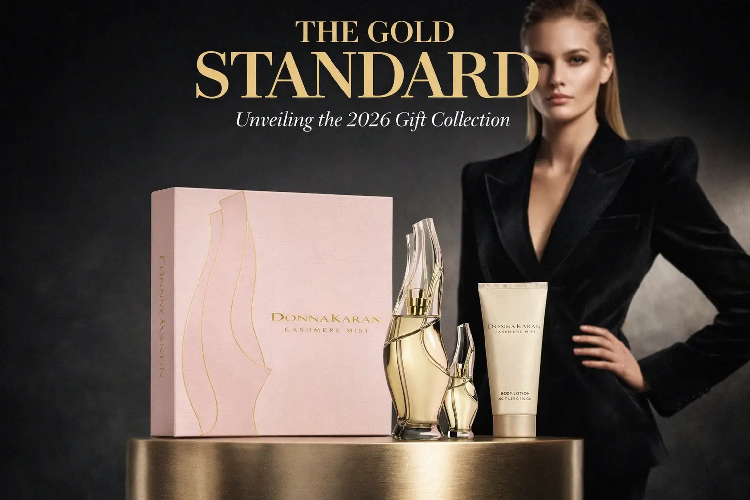 Three-piece Donna Karan perfume set with a large clear bottle, travel mini, and white lotion tube.