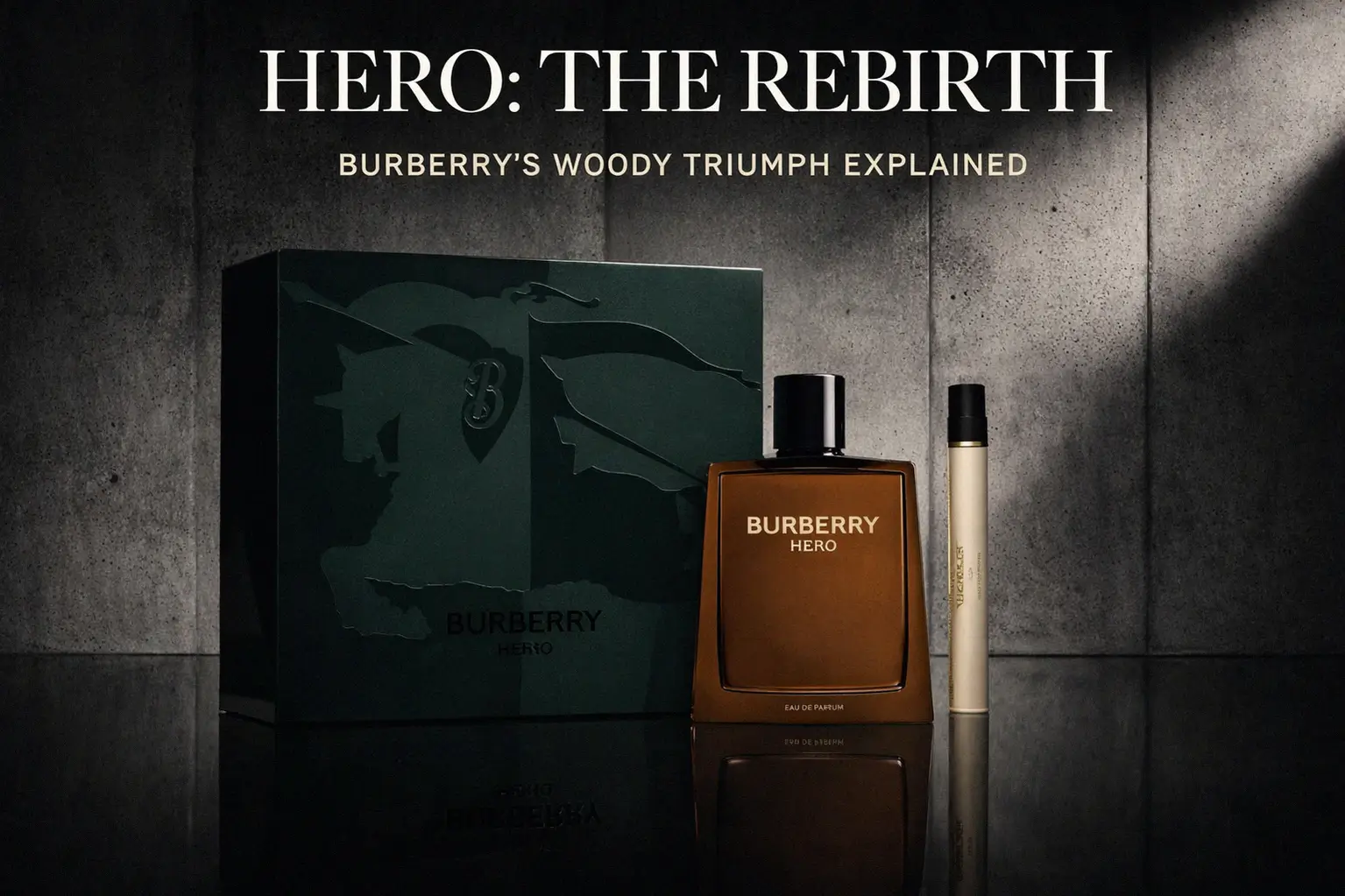 Burberry Hero Eau de Parfum gift box with a large clear bottle and a small travel spray.