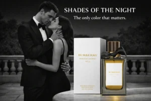 Clear glass bottle of Burberry Midnight Journey perfume with a hand-tied black leather knot and silver cap.