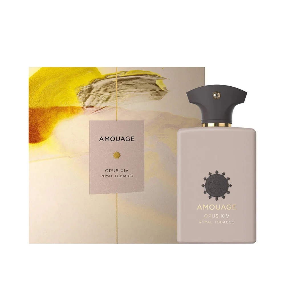 A bottle of Amouage Opus XIV Royal Tobacco in a luxury setting