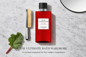 A scarlet glass bottle of Hermes Eau de Rhubarbe Ecarlate shower gel with an engraved pump on a white surface.