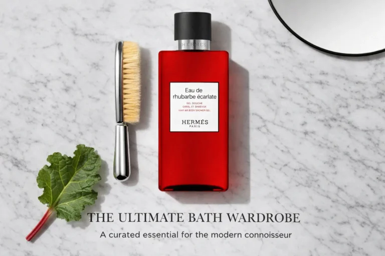 A scarlet glass bottle of Hermes Eau de Rhubarbe Ecarlate shower gel with an engraved pump on a white surface.