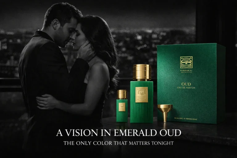 A black and gold Signature Oud perfume gift box containing two spray bottles and a small metal funnel.