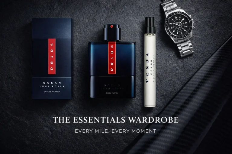 A deep blue Prada Luna Rossa Ocean perfume bottle and travel spray in a designer gift box on a clean surface.