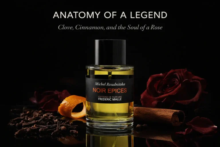 The sleek Frederic Malle Noir Epices glass bottle with its iconic red and black label on a minimalist surface.