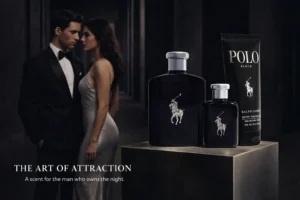 Sleek matte black Ralph Lauren Polo Black fragrance bottle and travel spray in a gift box.