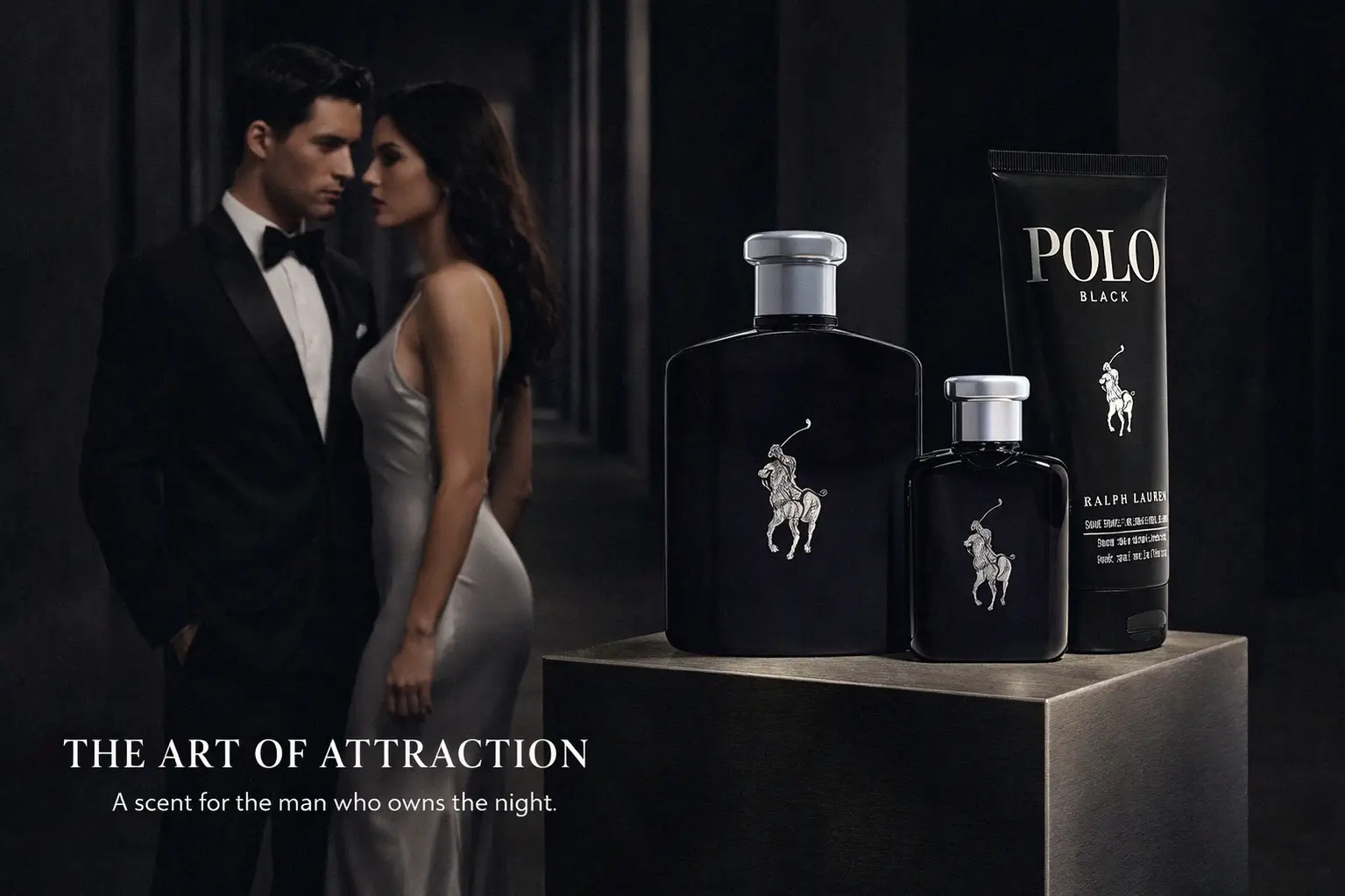 Sleek matte black Ralph Lauren Polo Black fragrance bottle and travel spray in a gift box.