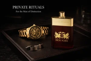 Deep red hand-polished glass bottle of Hos N.001 with a textured gold-plated cap on a minimalist surface.
