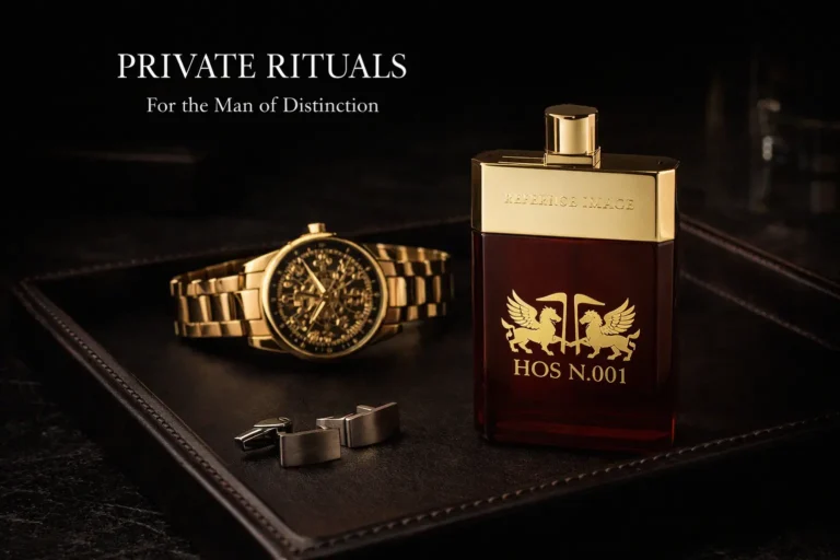 Deep red hand-polished glass bottle of Hos N.001 with a textured gold-plated cap on a minimalist surface.