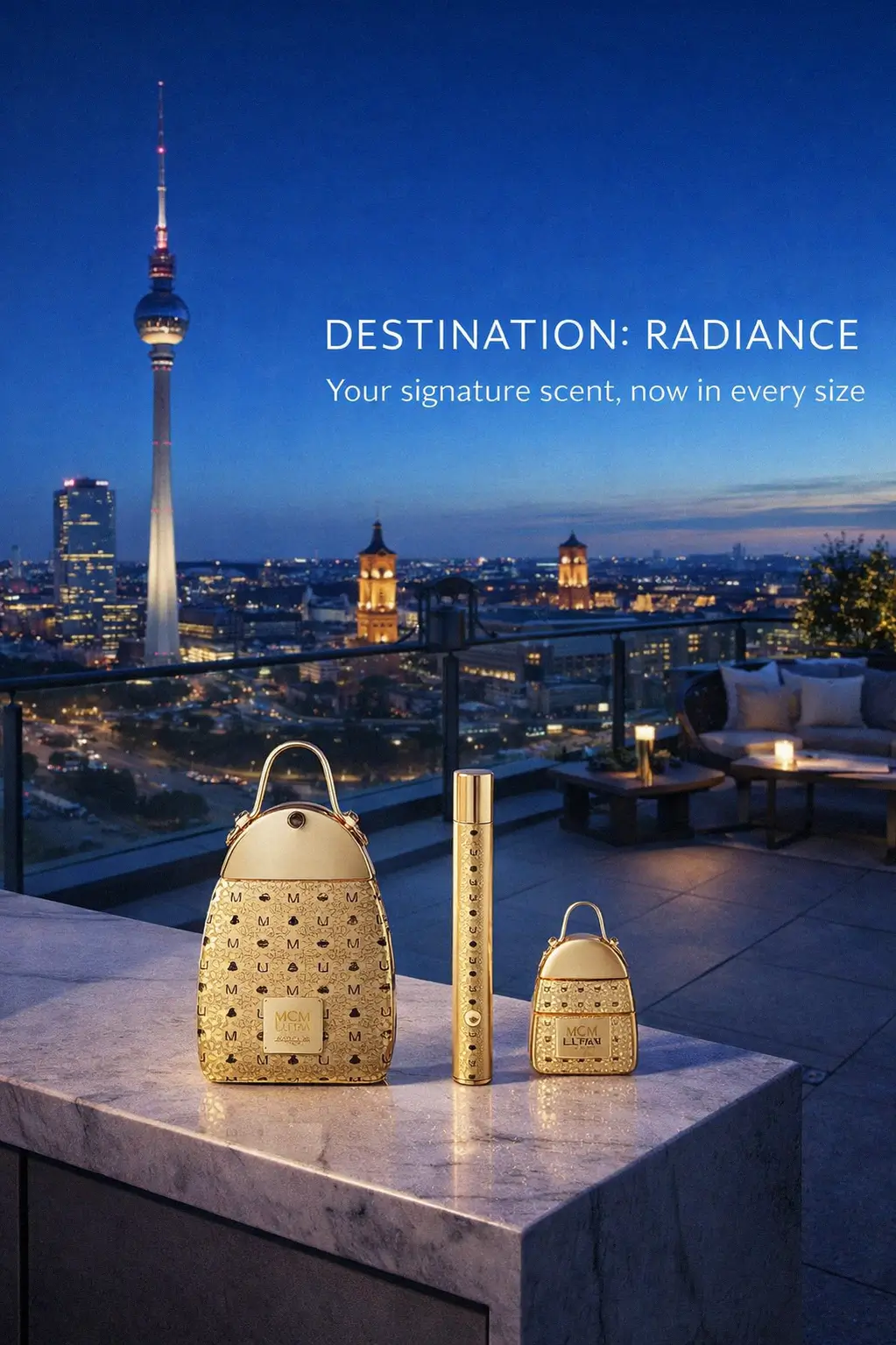 The MCM Ultra Eau de Parfum Gift Set gold bottles