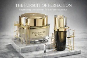 Estee Lauder Re-Nutriv Re-Creation Eye Balm jar and night serum dropper on a marble vanity surface.