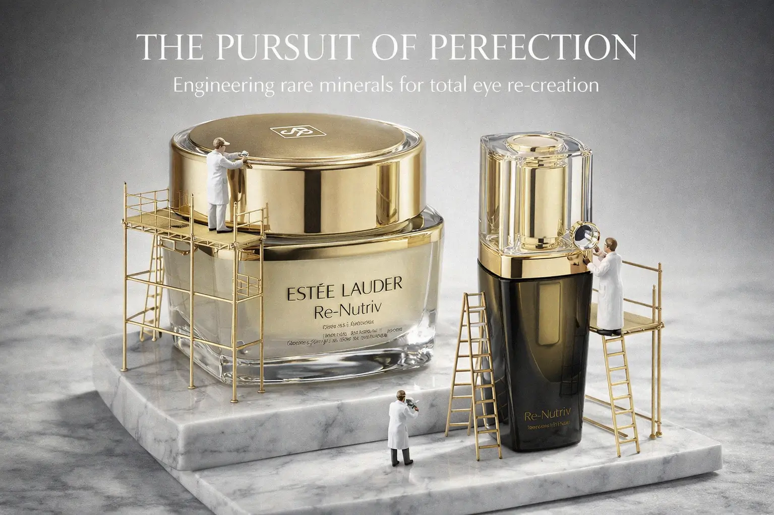 Estee Lauder Re-Nutriv Re-Creation Eye Balm jar and night serum dropper on a marble vanity surface.