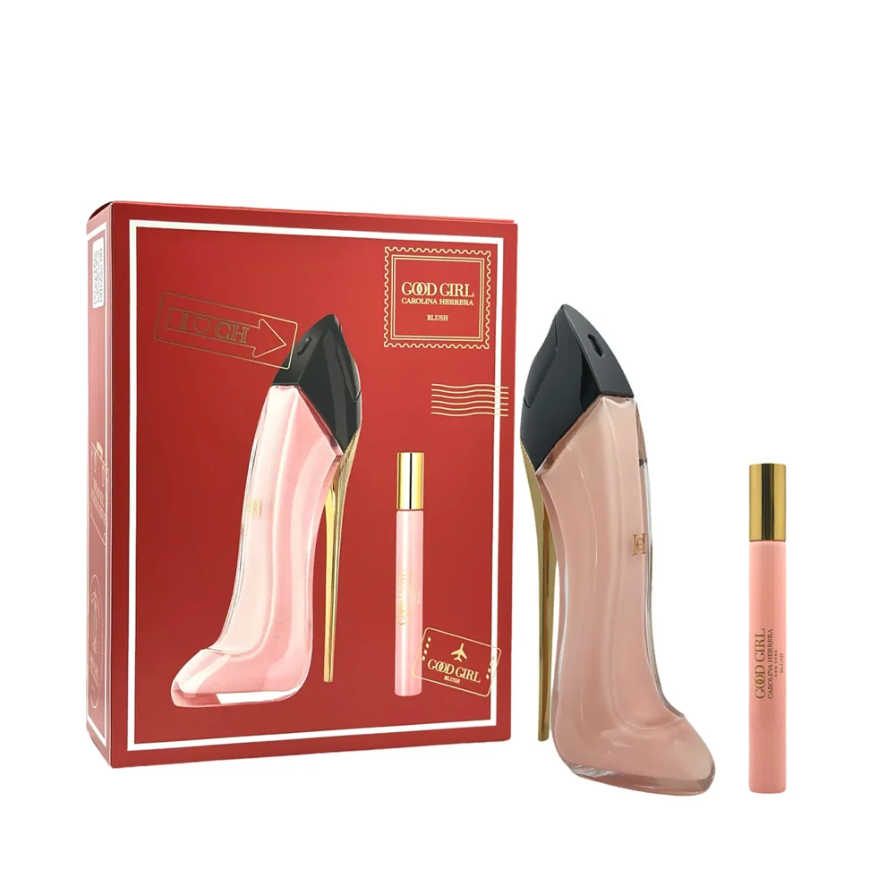The Good Girl Blush Eau De Parfum Gift Set pastel-pink stiletto bottle and travel spray