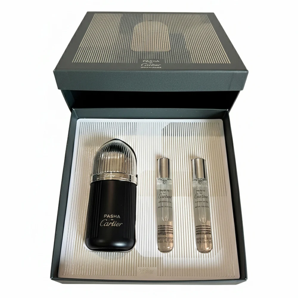 The Pasha de Cartier Edition Noire Gift Set displayed in its luxury box