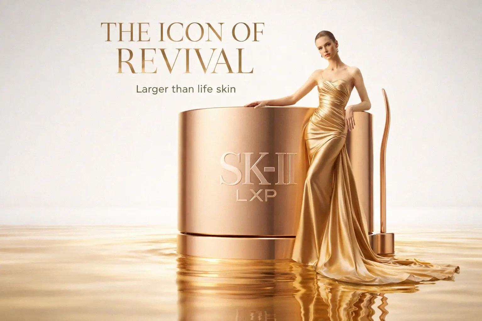 A 1.6 oz jar of SK-II LXP Ultimate Revival Cream sits on a marble vanity with rose petals.