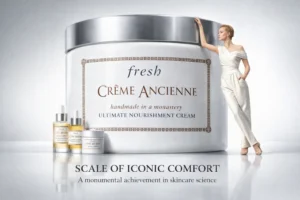 Luxury glass jar of Fresh Creme Ancienne cream on a marble vanity with soft lighting.