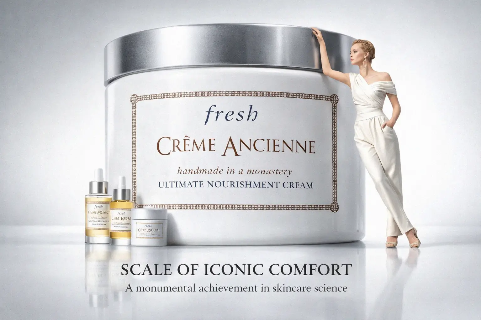 Luxury glass jar of Fresh Creme Ancienne cream on a marble vanity with soft lighting.