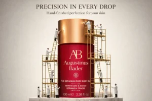 Augustinus Bader Geranium Rose Body Oil in a sleek glass bottle on a white marble surface.