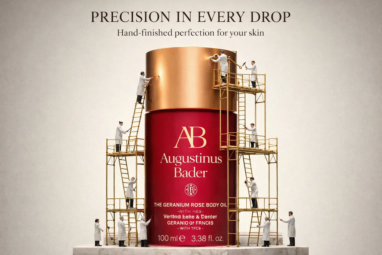 Augustinus Bader Geranium Rose Body Oil in a sleek glass bottle on a white marble surface.