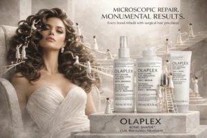 Three white Olaplex Bond Shaper bottles of different sizes arranged neatly on a clean vanity surface.