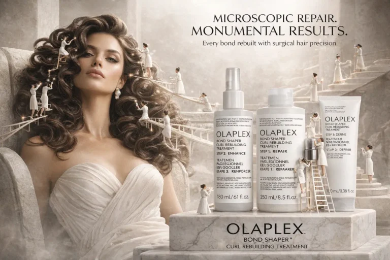 Three white Olaplex Bond Shaper bottles of different sizes arranged neatly on a clean vanity surface.