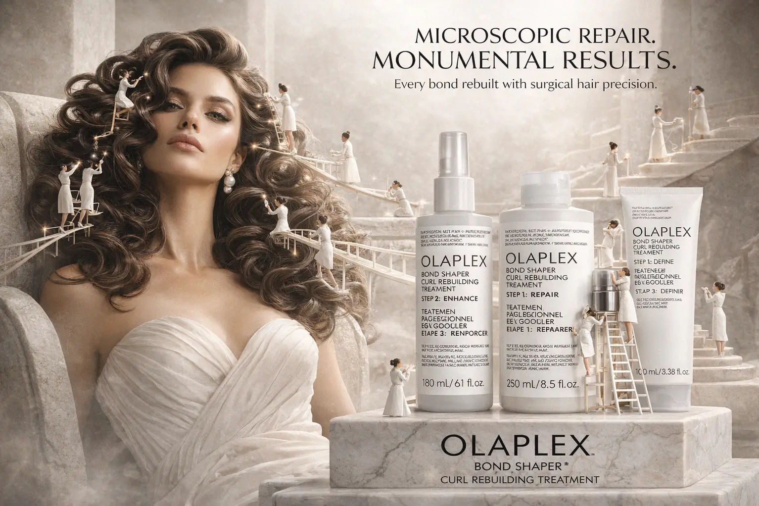 Three white Olaplex Bond Shaper bottles of different sizes arranged neatly on a clean vanity surface.
